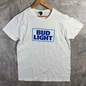 Bud Light T-Shirt Sz L Classic White Blue Lightweight Crew Neck Tee Beer